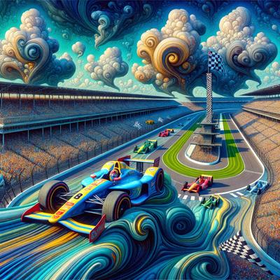 The primary subject of the image is a racing car, which is driving on a race track. The setting is a race track with a large crowd of people watching the race. The visual style is a digital art or illustration, creating a vibrant and dynamic scene. The dominant colors are blue, red, and yellow, which are associated with racing and excitement. The overall atmosphere is energetic and action-packed, as the racing car speeds around the track with the crowd eagerly watching the race.
